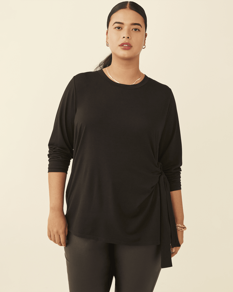 Front of plus size Ezra Long-Sleeve Side-Knot Tee by Marc NY | Dia&Co | dia_product_style_image_id:177953